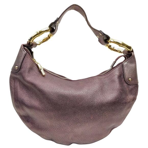 Gucci Handbags - Gucci Metallic Calfskin Bamboo Ring Hobo Aubergine